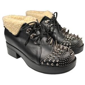 Gucci Harlem Black Leather Stud Shearling Combat Ankle Boots EU 36.5 US 6.5